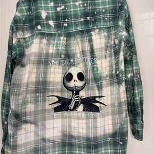 Women's Green Plaid bleached flannel Shirt with Jack Skellington Graphic